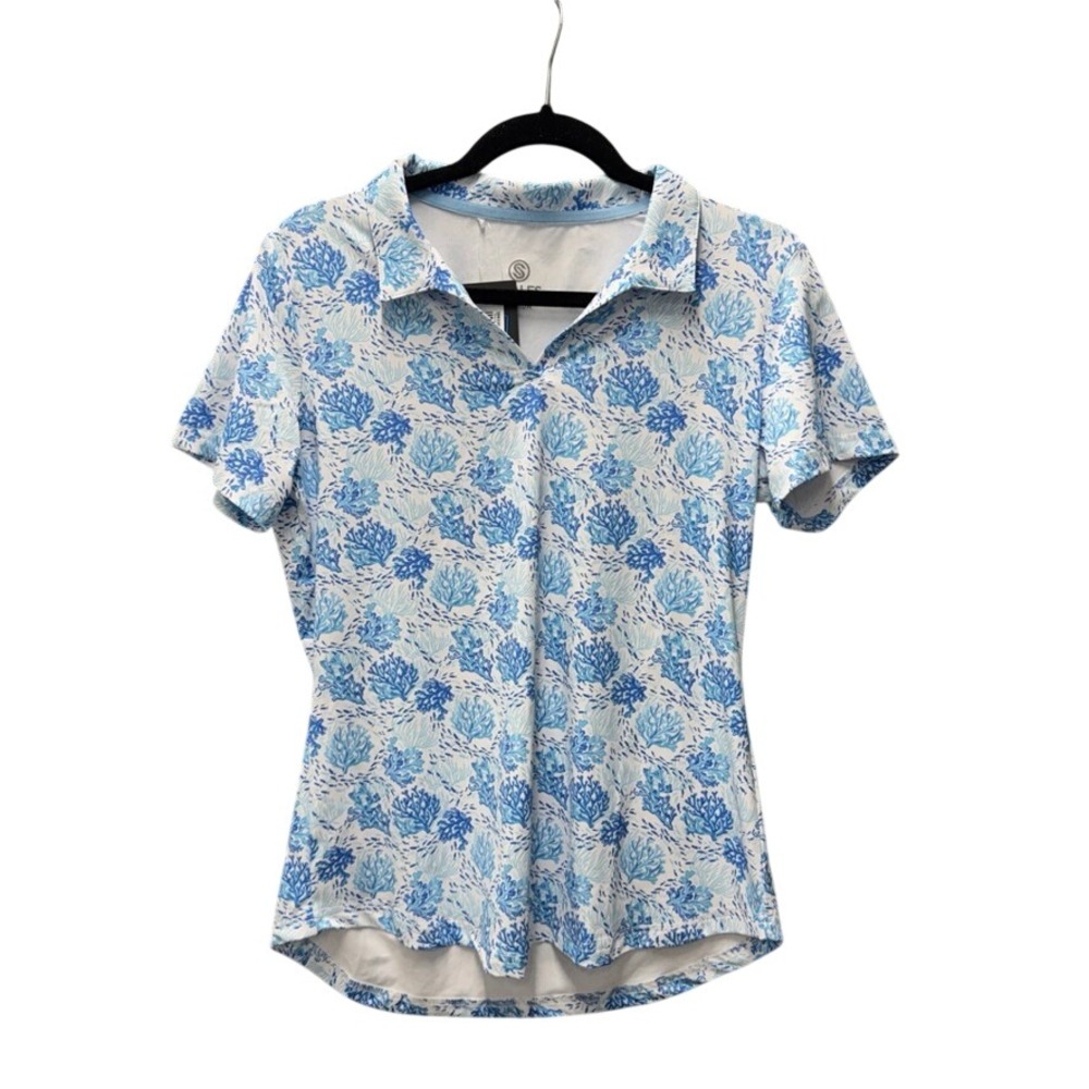 NWT Scales Gear Mens Coral Reef Polo Shirt Blue White UPF 30 W00408-090-159 Med